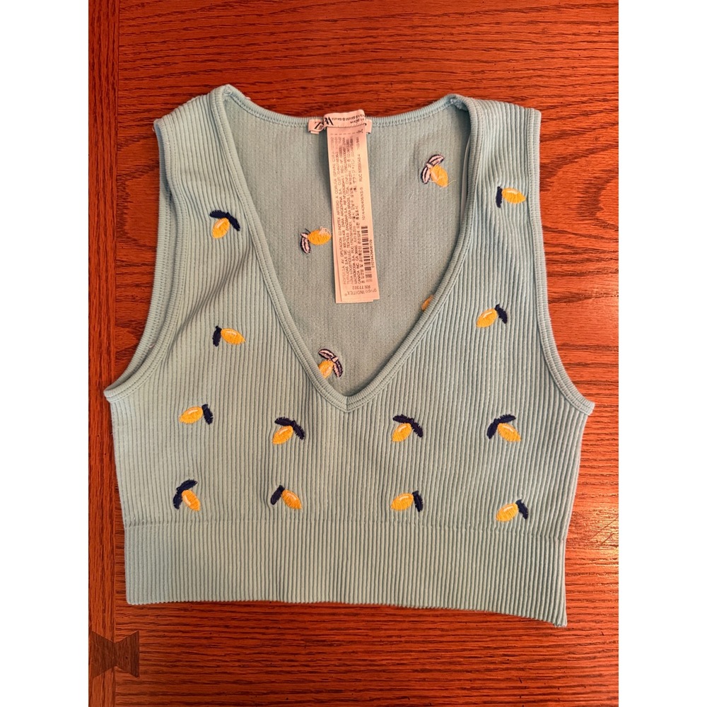 Zara Lemon Embroidered Knit Vest XS/S Light Blue Cropped V-Neck Fruit Citrus
